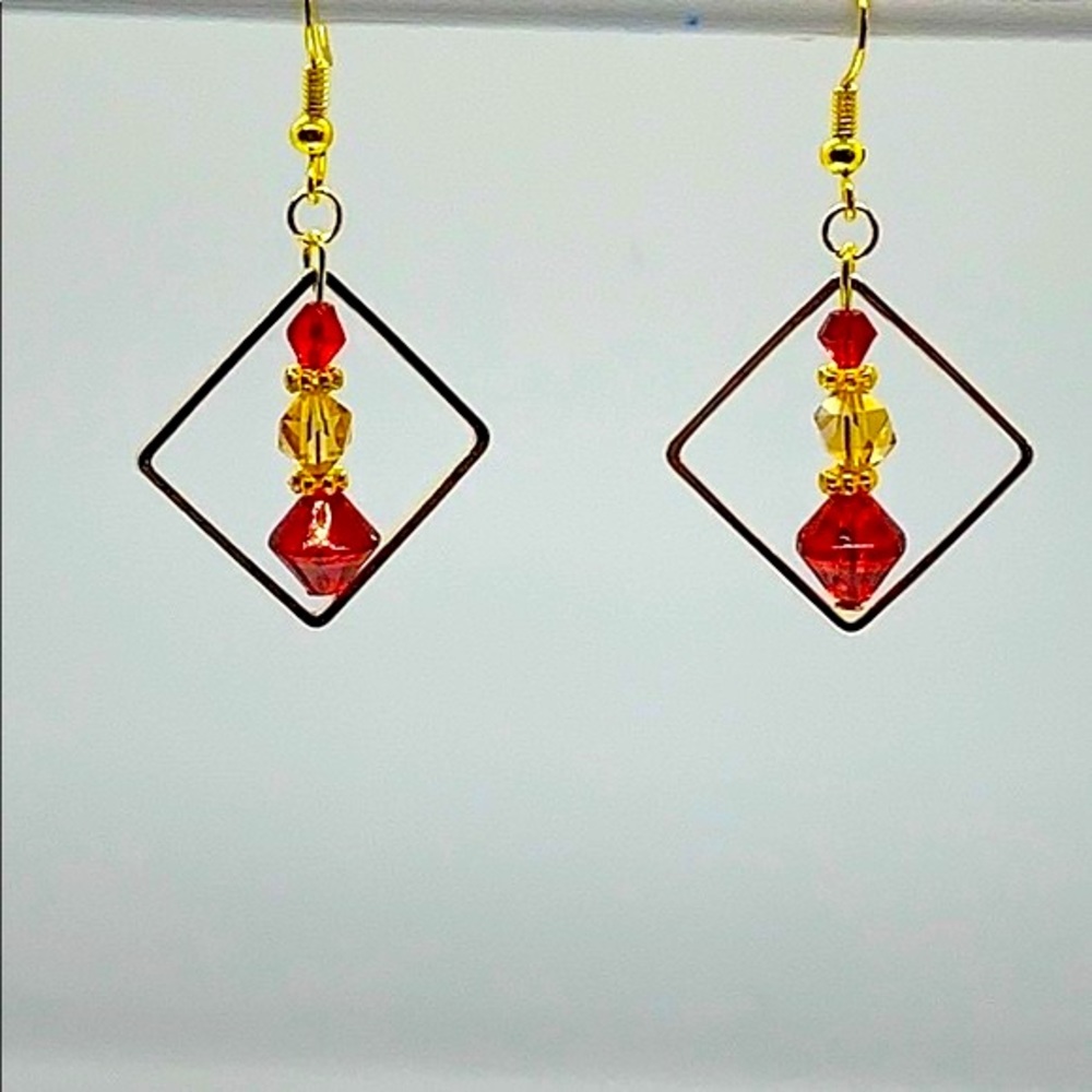 21052 Amber and red rhinestone earrings - Picture 2 of 4